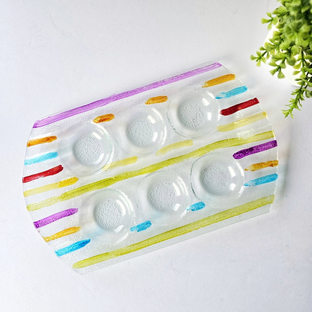 Striped Contemporary Style Fused Glass Candle Holder Tray Six Tea Light Candles